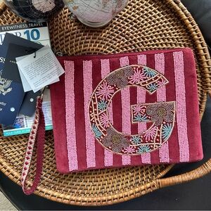 America & Beyond Beaded Stripe Wristlet Zip Burgundy Pink G Pouch New with Tags